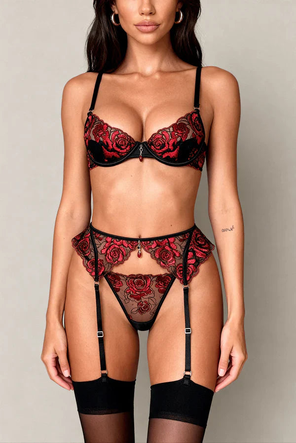 Floral Series - Bonita Romantic Touch Garter Set – Black & Red