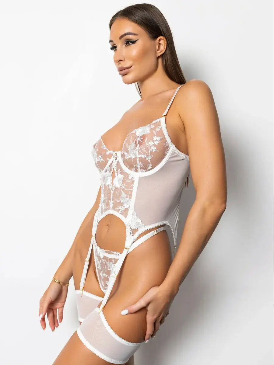 Palmer beyaz dantelli gelin bustiyer jartiyer takımı yandan görünüm