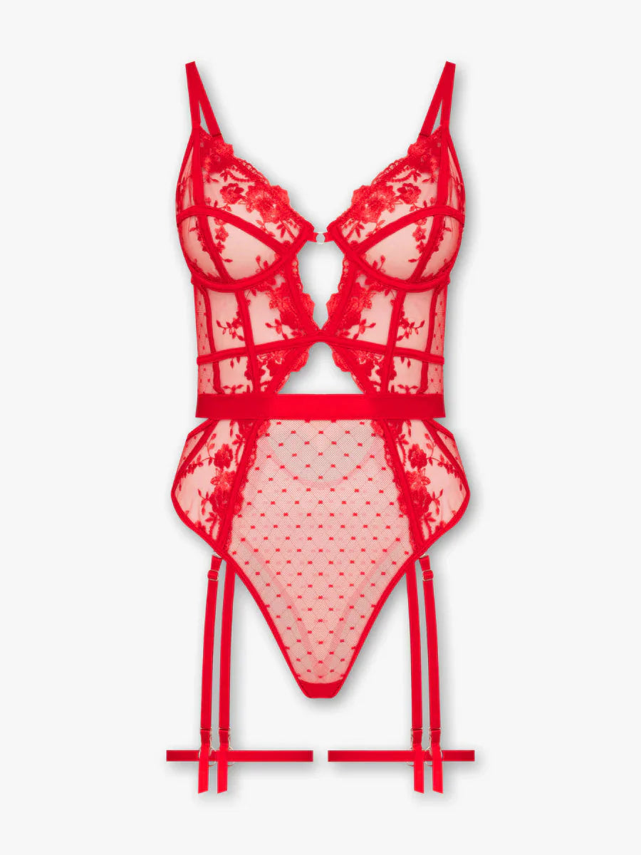 Natalia - Kırmızı Çiçek Nakışlı Balenli Jartiyer Bodysuit FUGU.TR