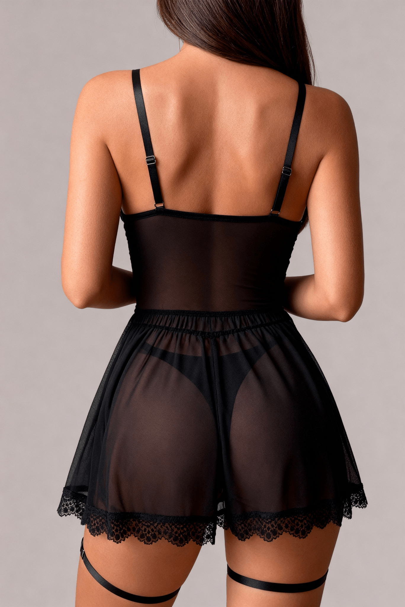 Illusion Series - Corset-Style Sheer Lace Nightdress with Built-In Garter Belt - Black